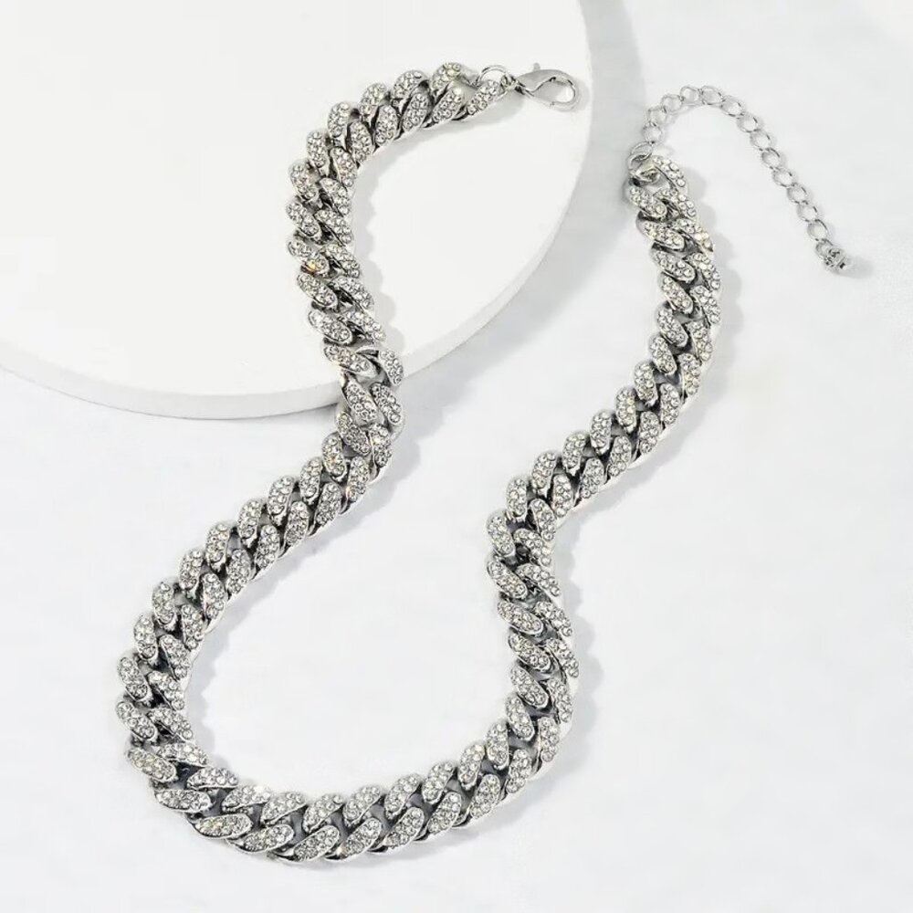 Iced Cuban Rhinestone Silver Tone Adjustable Chain Link Necklace 16” - 19"